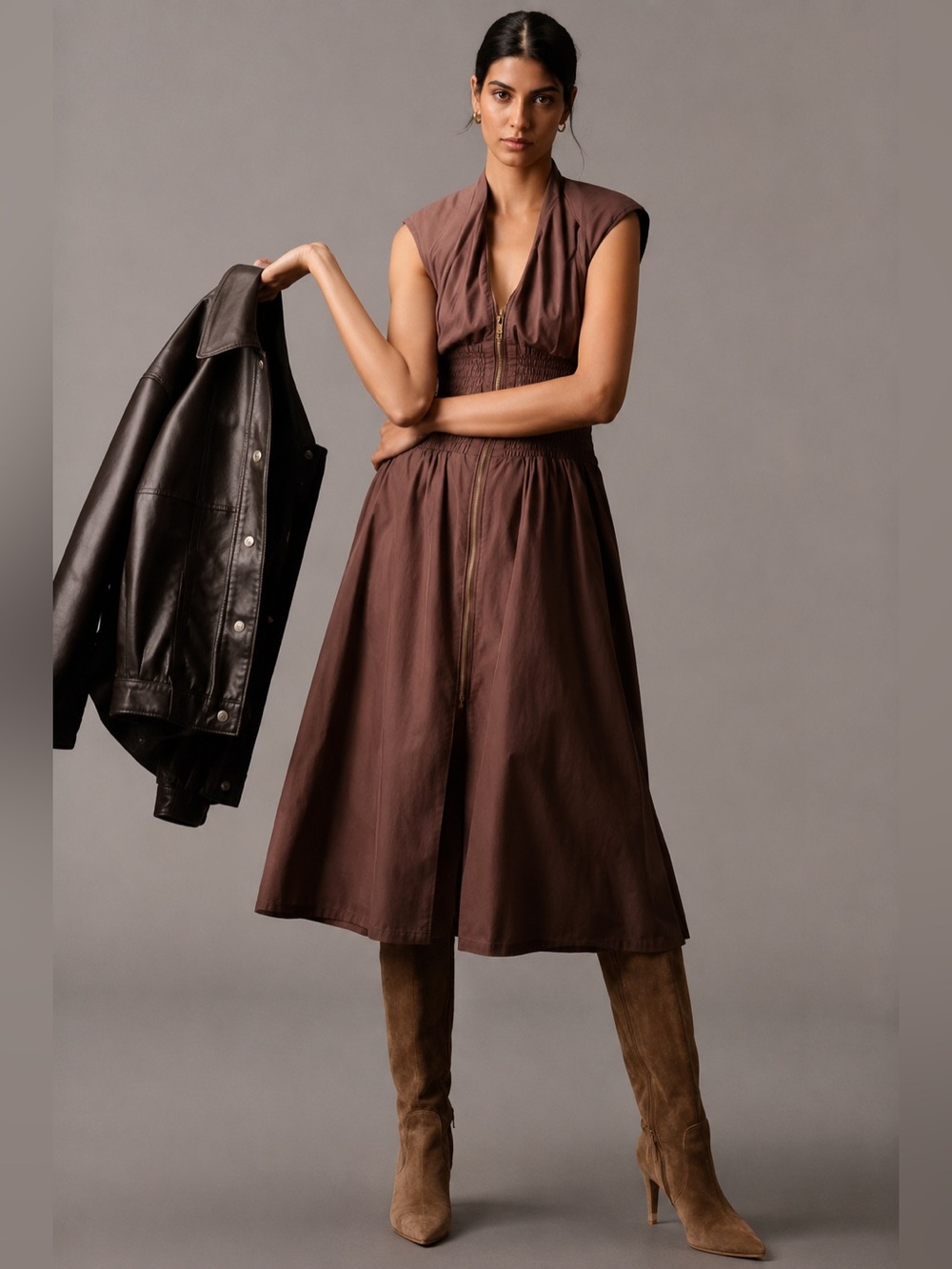 Anthropologie NWT Tommie Cap Sleeve Smocked Midi Dress Brown XXSP Classic Summer